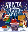 "SANTA VS THE NAUGHTY-LISTERS" in großen Buchstaben oben. Ein Schornstein mit Santas Beinen, zwei Kinder und Rentiere drumherum.