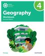 "Geography Workbook Second Edition, Primary." Grünes Logo und Zahl 4. Illustration: Kind malt vor begrüntem Gebäude mit Schmetterlingen.