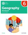 "Geography Workbook Second Edition 6" zeigt eine Illustration: Kind mit Tablet und Tier in Stadtlandschaft.