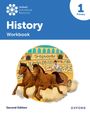 "History Workbook, Second Edition, 1 Primary." Illustration: Zwei Pferde ziehen einen Wagen in einer alten Arena.