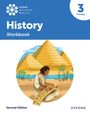 "History Workbook 3 Primary" oben, "Second Edition" unten. Illustration: Antike Figur vor Pyramiden mit Papyrusrolle.