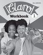 Text: "¡Claro! Workbook 1, 2.a edición, Oxford". Zwei fröhliche junge Menschen vor stilisiertem Stadthintergrund.