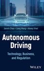 „Autonomous Driving: Technology, Business, and Regulation“ plus Autoren. Illustration eines Gitternetz-Autos in futuristischer Stadt.
