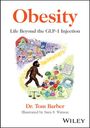 "Obesity: Life Beyond the GLP-1 Injection." Illustration von Lebensmitteln, Waagen, einem Urmenschen und gesunden Aktivitätssymbolen.