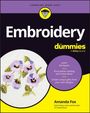 „Embroidery for dummies.“ Lila Kreis: „Learn the basics...“ Stickerei von Veilchen, gelbes Logo oben. Autorin: Amanda Fox.