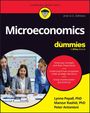 „Microeconomics for Dummies“ zeigt drei Menschen, die über Dokumente diskutieren. Circa ist ein rotes Infodiagramm.