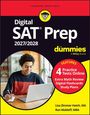 Text auf einem Cover: "Digital SAT Prep 2027/2028 for dummies." Ein lächelnder Jugendlicher vor einem Laptop.