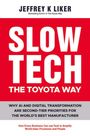 Text: "Jeffrey K Liker. Slow Tech: The Toyota Way. Why AI and digital transformation are second-tier priorities..." Bright red and white design.