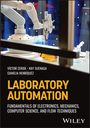 „LABORATORY AUTOMATION“, Roboterarm arbeitet im Labor mit Reagenzgläsern, Hintergrund mit unscharfen Lichtern.