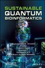 "SUSTAINABLE QUANTUM BIOINFORMATICS" oben; holographische DNA-Spirale; Person in Laborumgebung; Verlegerlogos unten.