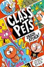 "Class Pets Snack Attack!" in großen Buchstaben, Comic-Stil-Szenen mit lustigen Tieren und dynamischen Farben.