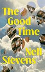 „The Good Time“ und „Nell Stevens“ in gelber Schrift auf einem wolkigen Hintergrund mit Gebäudeteilen in Ballonformen.
