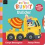 „Nik-Nak Bunny Builder“ zeigt einen Hasen in einem Bauhelm, der einen gelben Betonmischer fährt. Links unten eine Schnecke.