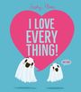 Text: "I LOVE EVERYTHING!" und "ME TOO!". Zwei niedliche Geister vor einem großen rosa Herz auf blauem Hintergrund.