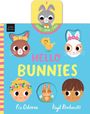 „HELLO BUNNIES“, „Slide - Spin - Find“. Illustration mit Hasen, Küken und Kindern in bunten Farben.