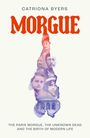 Der Text "MORGUE" in roter Schrift. Unterhalb sind historische Gesichter in Aquarellstil und ein altes Gebäude zu sehen.