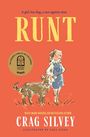 "RUNT", "A girl, her dog, a race against time". Illustration: Mädchen mit Hund, warmes Farbschema.