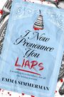 "EMMA SIMMERMAN, I NOW PRONOUNCE YOU LIARS, COVER TO BE REVEALED, Simon & Schuster. Blau-weißer Buchumschlagentwurf."