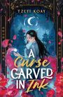 „A Curse Carved in Ink” in großen Buchstaben, darunter eine Frau in traditioneller Kleidung, Mond und Pagoden im Hintergrund.