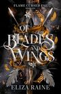 „FLAME CURSED FAE BOOK ONE“, „OF BLADES AND WINGS“, „ELIZA RAINE“. Illustration mit Schwert, Blumen, Federn und Schlange.