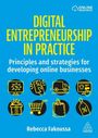 "Digital Entrepreneurship in Practice: Principles and strategies for developing online businesses." Symbole wie Tasche, Wagen.