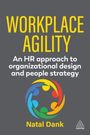 „WORKPLACE AGILITY“ in Gelb, „An HR approach…“ in Weiß, Autor: Natal Dank, bunte Menschenkreis-Illustration.