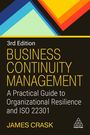 „3rd Edition BUSINESS CONTINUITY MANAGEMENT“ steht groß, darunter „A Practical Guide to Organizational Resilience and ISO 22301“ und „James Crask“. Oben sind bunte geometrische Formen.