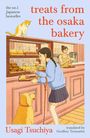 "treats from the osaka bakery" steht in großen Buchstaben. Eine Frau in blauer Jacke kauft in einer Bäckerei ein.