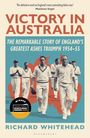 „Victory in Australia“, Preis-Sticker, Bild von fünf Kricketspielern vor australischem Umriss in leuchtenden Farben.