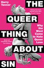 Der Titel lautet: "The Queer Thing About Sin". Zwei Statuen auf pinkem Hintergrund. Zitate: Russell T Davies, Tom Holland. Autor: Harry Tanner.