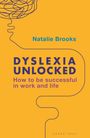 "Natalie Brooks" und "Dyslexia Unlocked: How to be successful in work and life" auf orangem Hintergrund mit abstrakten Linien.