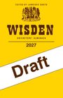Text: "Edited by Lawrence Booth", "WISDEN Cricketers' Almanack 2027", "Draft". Gelber Hintergrund mit Illustrationen.