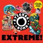 "STICKER BOMB EXTREME!" in Weiß auf Rot. Bunte, verspielte Illustrationen: Alien, Affe, Kaktus, Skelett auf Fahrrad.