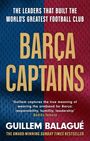 Texte: "BARÇA CAPTAINS", "GUILLEM BALAGUÉ", Hintergrund in Blau-Rot, Strickmuster.