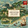 Text: "The World of Treasure Island. A jigsaw puzzle by Adam Simpson. 1000 pieces plus fold-out poster."  
Illustration: Szene mit Insel, Schiffen und Wellen.