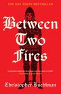 "Between Two Fires" in gotischer Schrift, Illustration eines Skeletts in Ritterrüstung auf rotem Hintergrund.