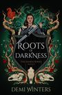 „Roots of Darkness“, „The Ashen Series Book 2.5“. Illustration: Frau mit Schwert, rote Beeren, Schädel, Eichhörnchen.