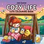 Text: "Jade Summer, Cozy Life, Cute Colouring Book, The Comfy Series." Illustration von Tieren auf einer Schaukel.
