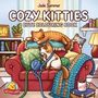 "Jade Summer Cozy Kitties Cute Colouring Book." Illustration: Katzen auf Sofa mit Kissen, Wolldecken, Garnknäuel, Regal und Lampe.