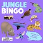 "Jungle Bingo", "WARNING: Choking hazard. Not for children under 3 yrs.", "ON-THE-GO BINGO FOR KIDS!"; Illustrationen von Tieren.