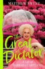 Matthew Sweet, The Great Dictator, A Life of Barbara Cartland. Frau in Rosa mit Regenschirm, umgeben von Blumen. Hund dabei.