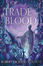 „A Trade of Blood“ von Robert Jackson Bennett. Purpurne Blätter und eine mystische Figur aus Pflanzen, zwei Menschen mit Laterne.