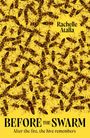 "Rachelle Atalla - BEFORE THE SWARM - After the fire, the hive remembers." Auf gelbem Hintergrund viele Bienen verteilt.