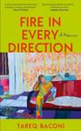 "Fire in Every Direction" oben in großen roten Buchstaben auf grünem Hintergrund. Darunter eine farbenfrohe Illustration eines Mannes auf einem Sofa.