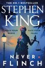 Titel: Stephen King - Never Flinch. 
Slogan: „Hold your nerve, face your fears.“
Illustration: Justitia-Statue mit Waage bei Nacht.