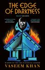"The Edge of Darkness" in orange Schrift, ein Hausdach, Flammen, ein Totenkopf und zwei gekreuzte Äxte in blauen Tönen.