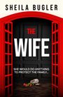 „THE WIFE“ in großen weißen Buchstaben auf schwarzem Hintergrund, darunter ein umgekippter weißer Vase mit roten Tulpen.