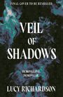 "Final Cover to Be Revealed. Veil of Shadows. Demons love. Demons lie. Lucy Richardson." Rauchiges, mystisches Muster.