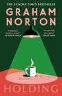 Text: "The Sunday Times Bestseller. Graham Norton. Holding." Illustration einer Tasse Kaffee unter einer Lampe.