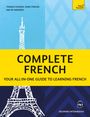 „COMPLETE FRENCH“ und „YOUR ALL-IN-ONE GUIDE TO LEARNING FRENCH“ sind in Schwarz auf Gelb. Illustration des Eiffelturms.